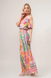 And The Why Puff Sleeve Elastic Edges Geo Printed Crop Top OutfitFlow